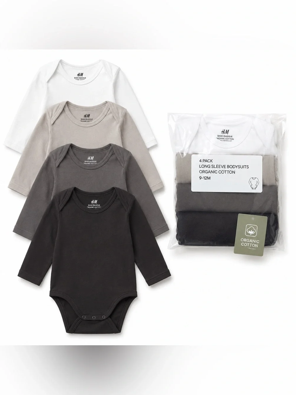 H&M Baby 4-Pack Organic Cotton Long Sleeve Bodysuits 9-12M Neutral Colors